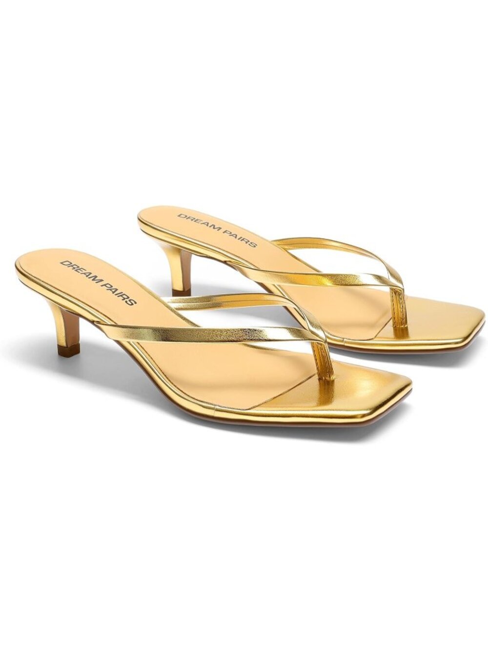 Women's Gold Faux Leather Square Toe Minimalist Flip Flop Kitten Heel Sandal